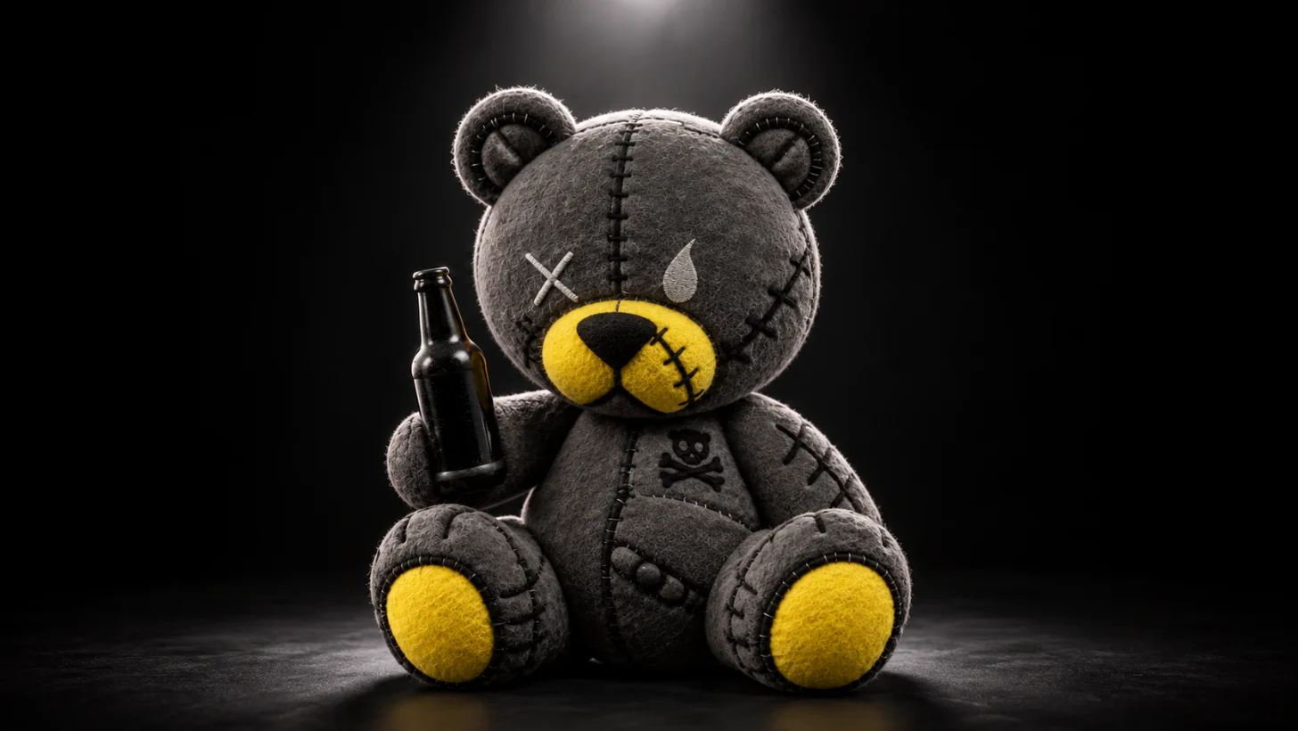 AiM BEAR。バツ目と涙、縫い跡だらけのグレーのクマのぬいぐるみが、ボトルを片手に座っている